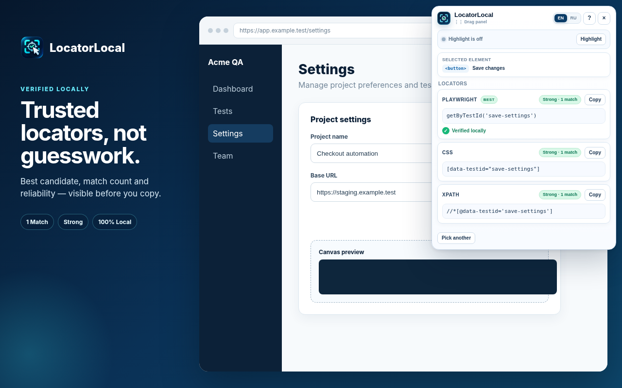 LocatorLocal showing verified Playwright, CSS and XPath locators for a selected button